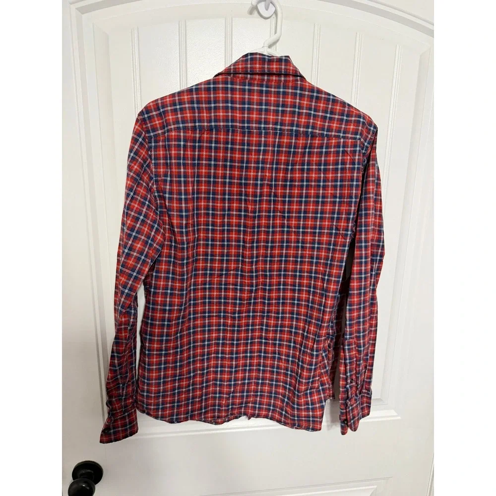 Banana Republic Button Down Mens M Untucked Fit Organic Cotton Plaid Red EUC